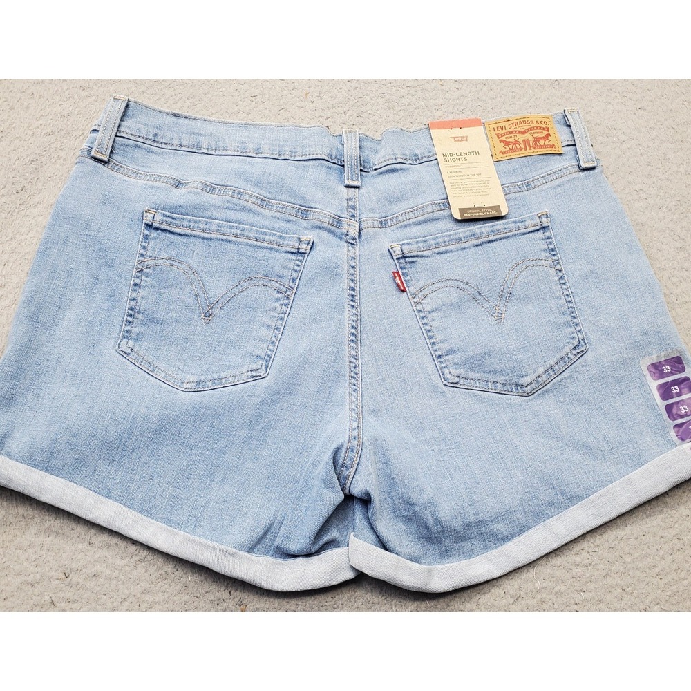 Levi's Mid-Length Jean Shorts Womens 33 Blue Denim Mid Rise Red Tab Cuffed Hem